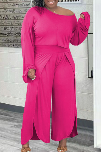 Rose Red Casual Solid Patchwork Asymmetrical O Neck Plus Size Two Pieces