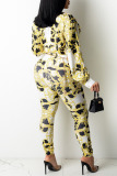 Yellow British Style Print Patchwork Buckle Turndown Collar Long Sleeve Two Pieces(Without Belt)
