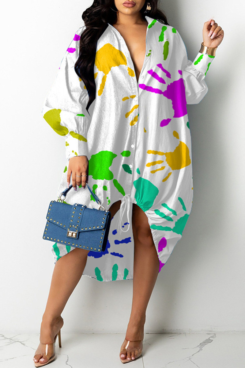 

White Fashion Casual Print Basic Turndown Collar Long Sleeve Dresses