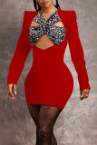 Red Sexy Solid Hollowed Out Patchwork V Neck A Line Dresses