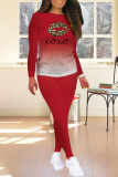 Red Fashion Casual Print Patchwork O Neck Long Sleeve Two Pieces