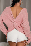 Pink Fashion Casual Solid Backless V Neck Tops