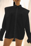 Black Fashion Solid Patchwork Buckle Asymmetrical Turndown Collar Tops