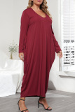 Purplish Red Casual Solid Patchwork Pocket Frenulum V Neck Long Sleeve Plus Size Dresses