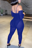 Blue Fashion Sexy Patchwork See-through Backless Off the Shoulder Skinny Jumpsuits