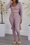 Pink Purple Fashion Casual Solid Cardigan Vests Pants U Neck Long Sleeve Two Pieces