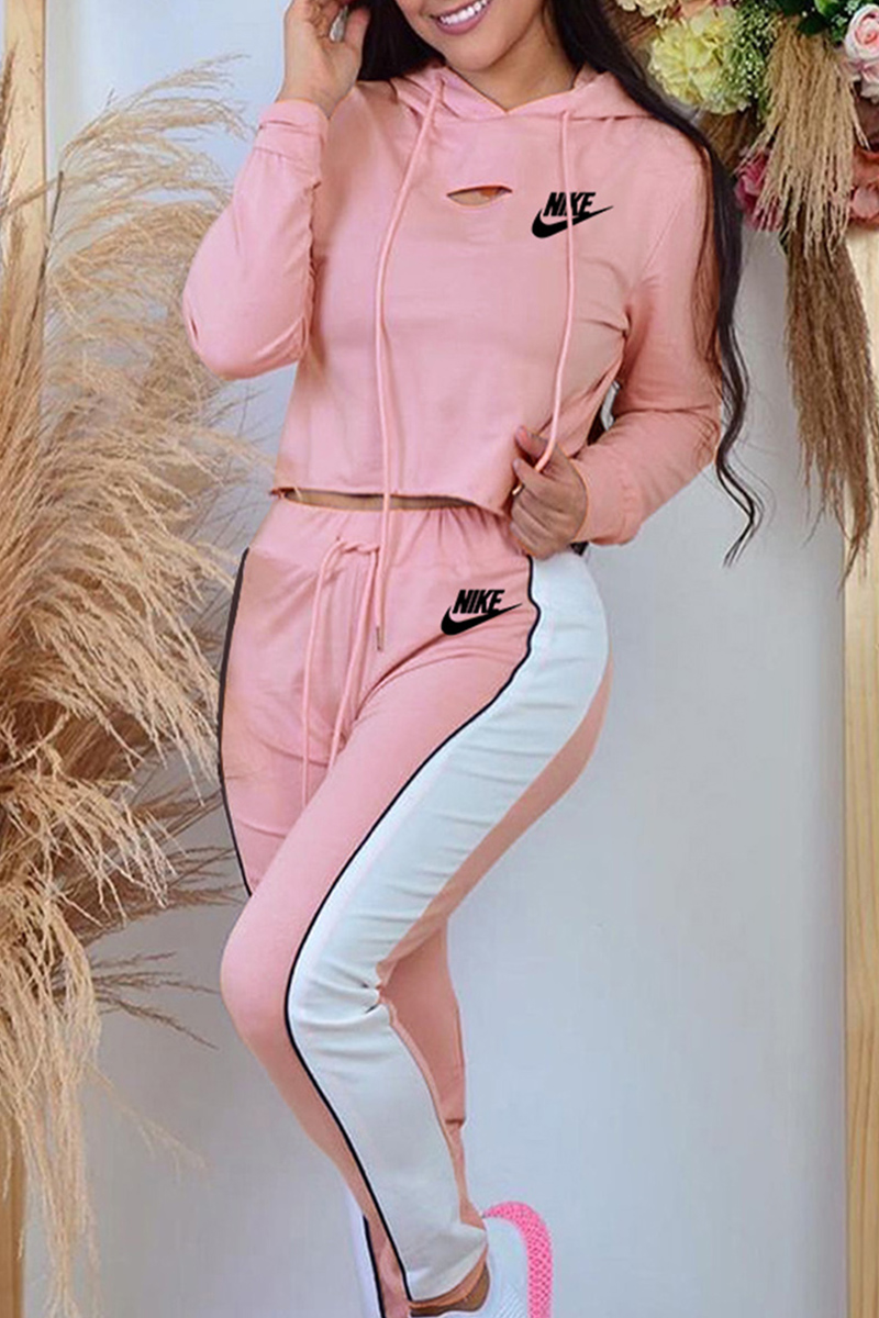 

Pink Fashion Casual Print Split Joint Hooded Collar Long Sleeve Two Pieces