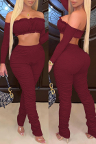 Burgundy Fashion Sexy Solid Backless Fold Off the Shoulder Long Sleeve Two Pieces