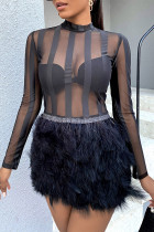 Black Fashion Sexy Patchwork See-through Half A Turtleneck Long Sleeve Dresses