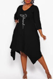 Black Casual Print Split Joint Asymmetrical Long Sleeve Dresses