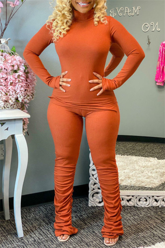 Brick Red Fashion Casual Solid Fold Turtleneck Long Sleeve Two Pieces