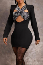 Black Sexy Solid Hollowed Out Split Joint V Neck A Line Dresses