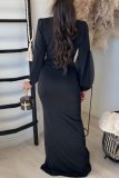 Black Fashion Casual Solid Bandage V Neck Long Sleeve Dresses