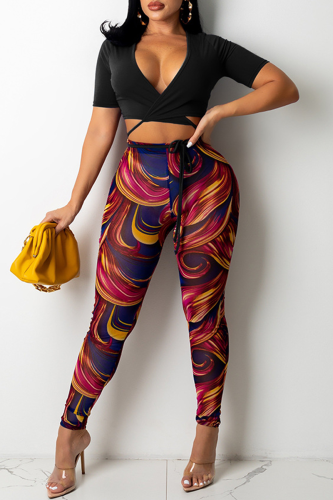 Black Sexy Print Patchwork V Neck Short Sleeve Two Pieces