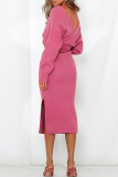 Rose Red Casual Elegant Solid Backless Slit Strap Design V Neck Pencil Skirt Dresses