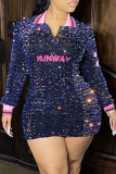 Black Fashion Sexy Patchwork Embroidered Sequins Turndown Collar Long Sleeve Plus Size Dresses