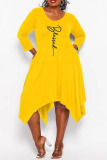 Yellow Casual Print Split Joint Asymmetrical Long Sleeve Dresses