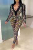 Yellow Sexy Print Patchwork See-through Fold Mesh V Neck Long Sleeve Two Pieces