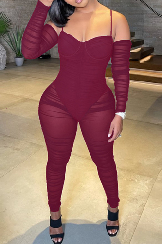 Red Fashion Sexy Patchwork See-through Backless Off the Shoulder Skinny Jumpsuits