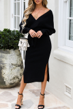 Black Casual Elegant Solid Backless Slit Strap Design V Neck Pencil Skirt Dresses