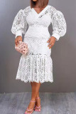 White Fashion Elegant Solid Patchwork V Neck One Step Skirt Dresses