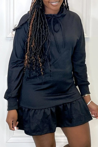 Black Fashion Casual Solid Flounce Hooded Collar Long Sleeve Dresses