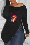 Black Fashion Casual Lips Printed Slit Zipper O Neck Tops