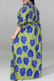 Green Casual Print Patchwork With Belt Turndown Collar Straight Plus Size Dresses