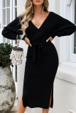 Black Casual Elegant Solid Backless Slit Strap Design V Neck Pencil Skirt Dresses