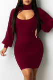 Burgundy Sexy Casual Solid Hollowed Out Turtleneck Long Sleeve Two Pieces
