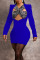 Peacock Blue Sexy Solid Hollowed Out Patchwork V Neck A Line Dresses