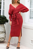 Red Casual Elegant Solid Backless Slit Strap Design V Neck Pencil Skirt Dresses