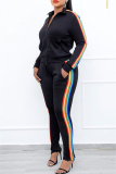 Black Fashion Casual Striped Split Joint Zipper Collar Long Sleeve Two Pieces