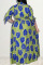 Green Casual Print Patchwork With Belt Turndown Collar Straight Plus Size Dresses