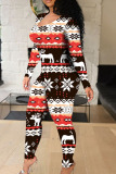 Multi-color Sexy Print Hollowed Out Patchwork Frenulum O Neck Regular Jumpsuits