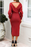 Red Casual Elegant Solid Backless Slit Strap Design V Neck Pencil Skirt Dresses