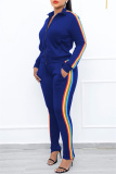 Blue Fashion Casual Striped Split Joint Zipper Collar Long Sleeve Two Pieces