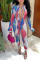 Powder Blue Fashion Casual Print Bandage Hollowed Out O Neck Skinny Jumpsuits