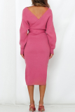 Rose Red Casual Elegant Solid Backless Slit Strap Design V Neck Pencil Skirt Dresses