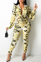 Yellow British Style Print Patchwork Buckle Turndown Collar Long Sleeve Two Pieces(Without Belt)