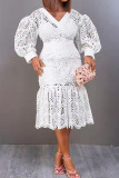 White Fashion Elegant Solid Patchwork V Neck One Step Skirt Dresses