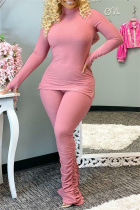 Pink Fashion Casual Solid Fold Turtleneck Long Sleeve Two Pieces
