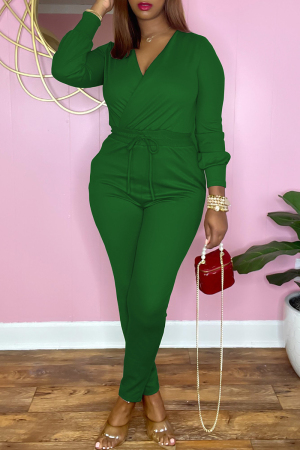 Green Fashion Casual Solid Basic V Neck Regular Jumpsuits