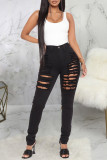 Black Fashion Casual Solid Ripped High Waist Skinny Denim Jeans