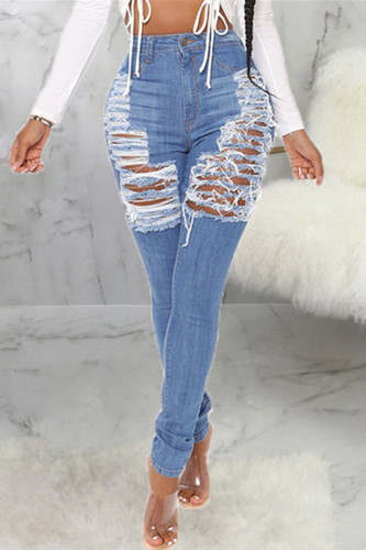 Blue Fashion Casual Solid Ripped High Waist Skinny Denim Jeans