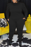 Black Fashion Casual Solid Basic Turtleneck Plus Size Two Pieces