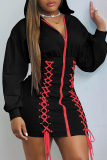 Pink Fashion Casual Solid Bandage Patchwork Hooded Collar Long Sleeve Dresses