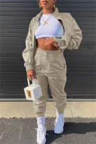 Khaki Fashion Casual Solid Cardigan Pants Long Sleeve Two Pieces