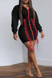 Black Fashion Casual Solid Bandage Patchwork Hooded Collar Long Sleeve Dresses
