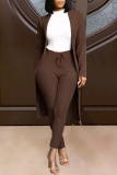 Brown Fashion Solid Cardigan Pants Long Sleeve Two Pieces